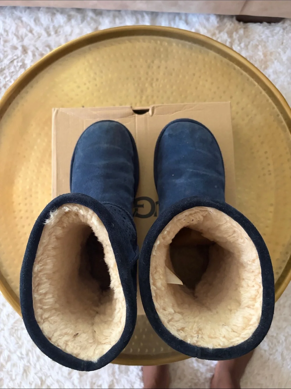UGG Navy Perforated Suede Short Boot with Shearling